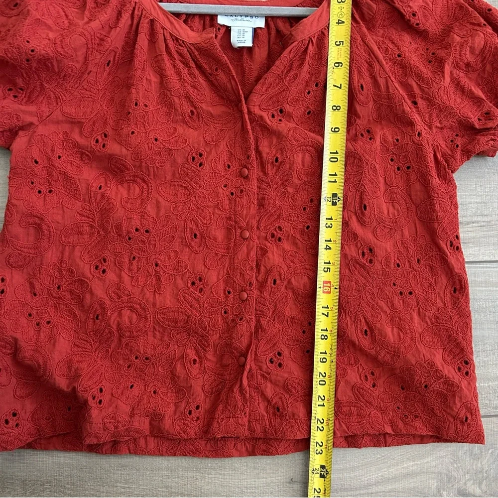 Calypso St. Barth Burnt Orange Eyelet Puffed Sleeve Button Down Cotton Blouse M - Picture 7 of 8